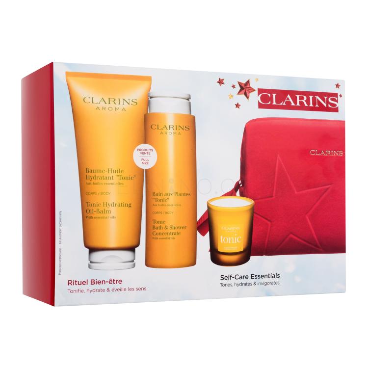 Clarins Aroma Self-Care Essentials Dárková kazeta tělový balzám Tonic Hydrating Oil-Balm 200 ml + sprchový gel Tonic Bath &amp; Shower Concentrate 200 ml + vonná svíčka 35 g + kosmetická taštička