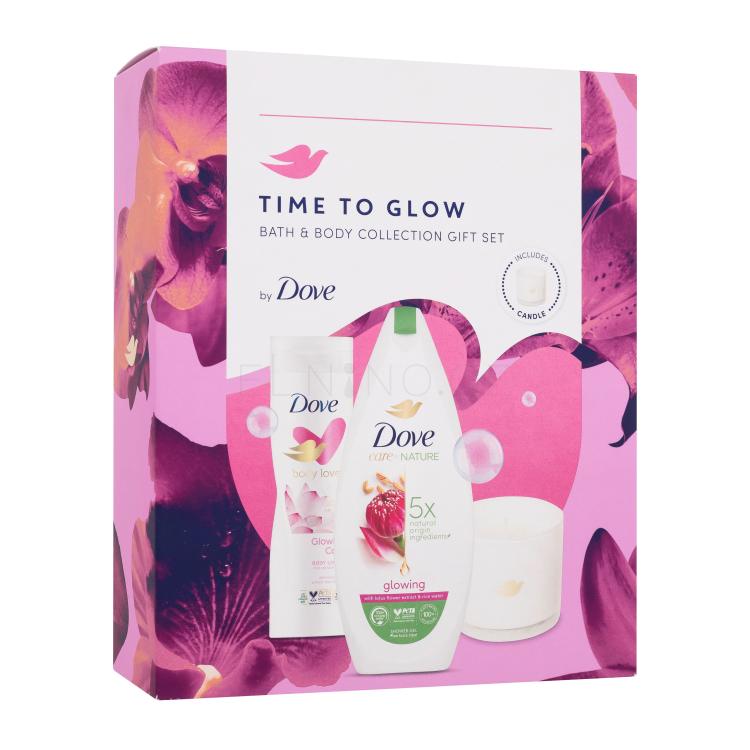 Dove Time To Glow Bath &amp; Body Collection Dárková kazeta sprchový gel Care By Nature Glowing 225 ml + tělové mléko Body Love Glowing Care 250 ml + vonná svíčka 1 ks