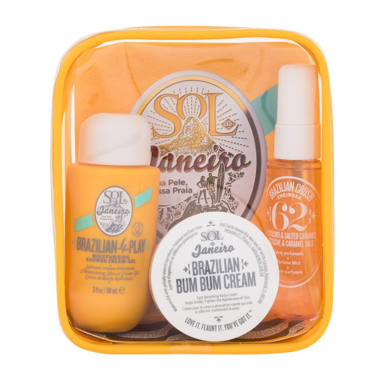 Sol De Janeiro Brazilian Bum Bum Summer Jet Set Dárková kazeta tělová mlha Brazilian Crush 30 ml + sprchový krém Brazilian 4Play Moisturizing Shower Cream-Gel 90 ml + tělový krém Brazilian Bum Bum Cream 50 ml + kosmetická taštička