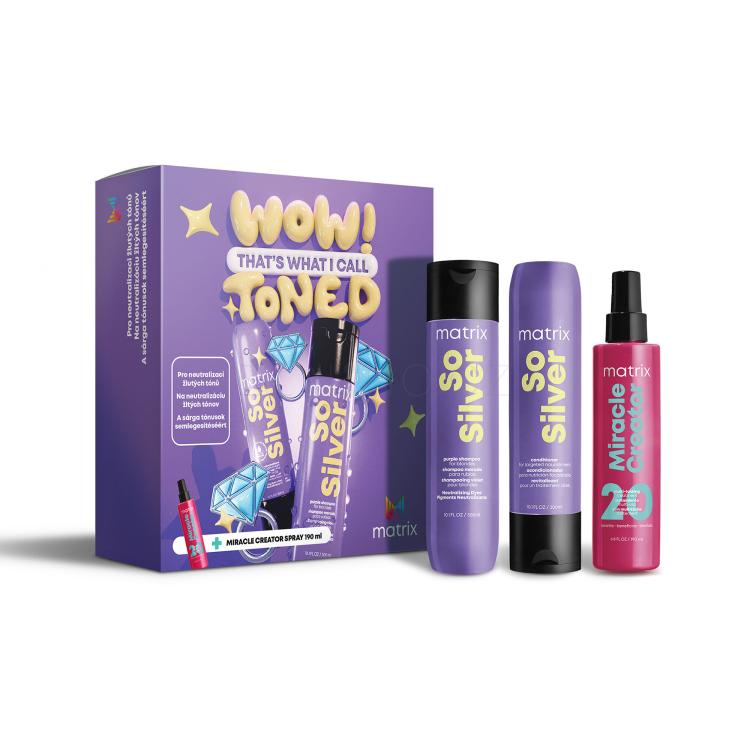 Matrix So Silver Dárková kazeta šampon So Silver Purple Shampoo 300 ml + kondicionér So Silver Conditioner 300 ml + pečující sprej na vlasy Miracle Creator Multi-Tasking Treatment 190 ml