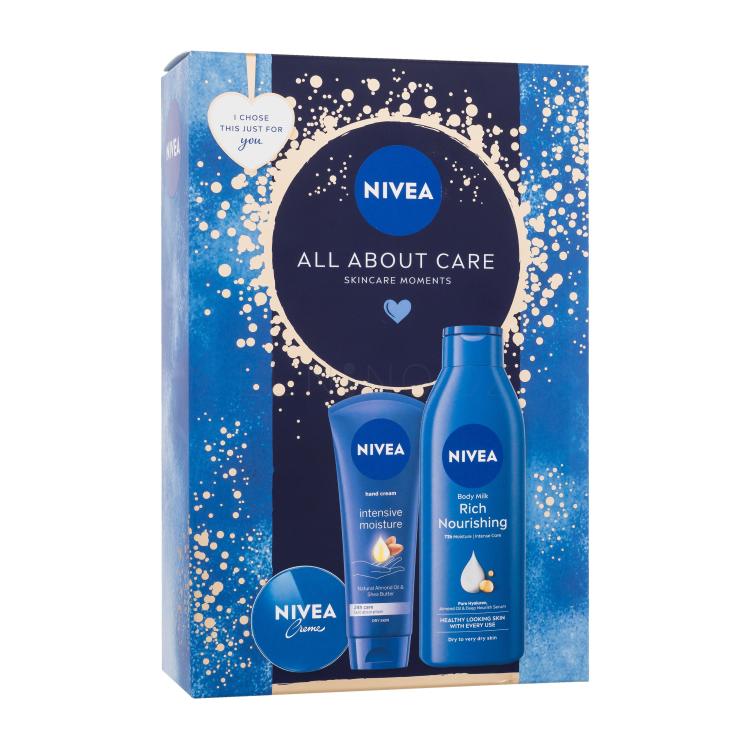 Nivea All About Care Dárková kazeta univerzální krém Creme 30 ml + krém na ruce Intensive Moisture 100 ml + tělové mléko Rich Nourishing 250 ml