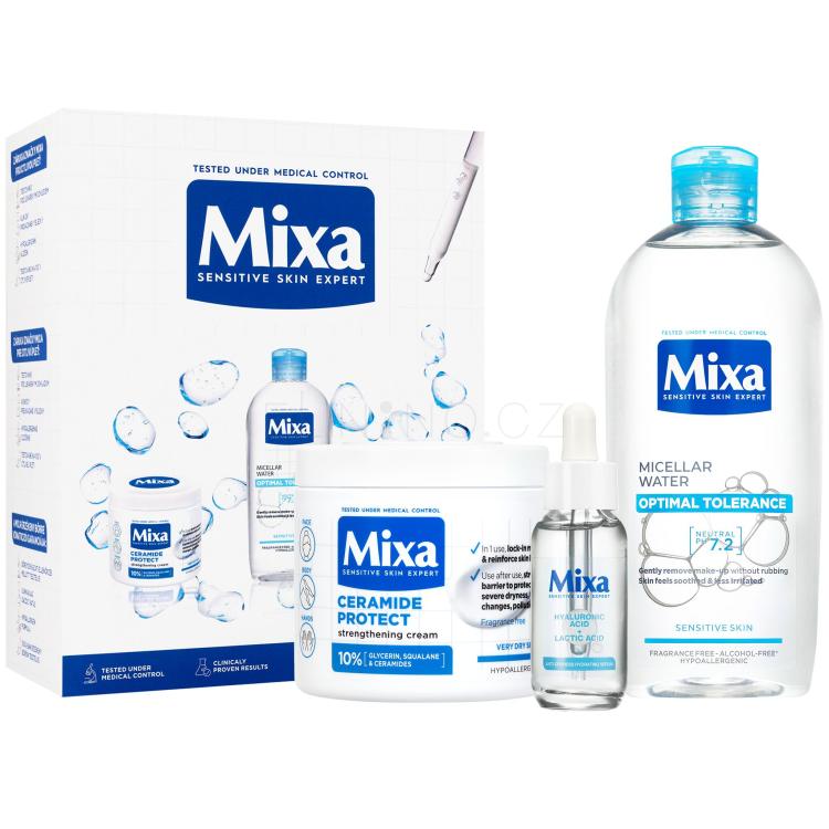 Mixa Hyaluronic Acid + Lactic Acid Anti-Dryness Hydrating Serum Dárková kazeta pleťové sérum Hyaluronic Acid Lactic Acid Serum 30 ml + micelární voda Optimal Tolerance Micellar Water 400 ml + tělový krém Ceramide Protect Strengthening Cream 400 ml