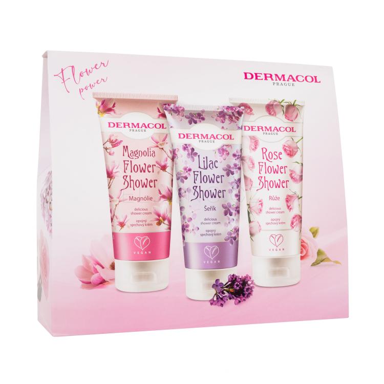 Dermacol Flower Power Dárková kazeta sprchový krém Magnolia Flower 200 ml + sprchový krém Lilac Flower 200 ml + sprchový krém Rose Flower 200 ml