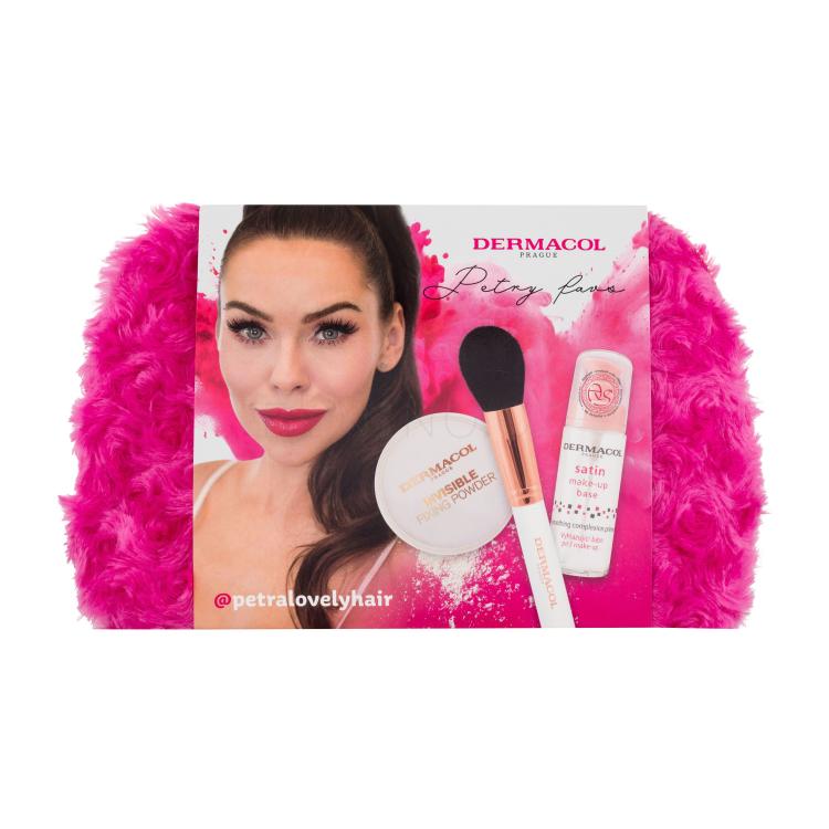 Dermacol Petra Lovely Hair Must Haves Dárková kazeta podkladová báze pod make-up Satin 30 ml + fixační transparentní pudr Invisible 13 g + kosmetický štětec + kosmetická taštička