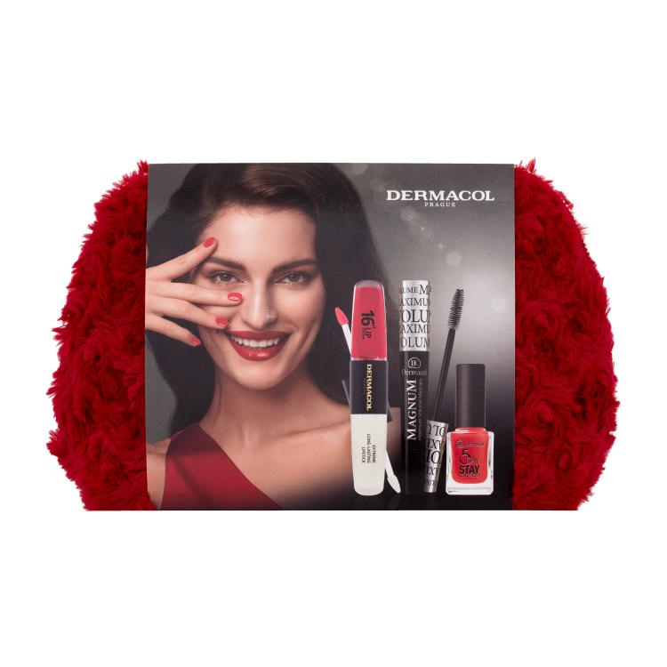 Dermacol Magnum Maximum Volume Dárková kazeta řasenka Magnum Maximum Volume 9 ml Black + dlouhotrvající rtěnka 16H Lip Colour 8 ml 20 + lak na nehty 5 Day Stay 11 ml 21 + kosmetická taštička