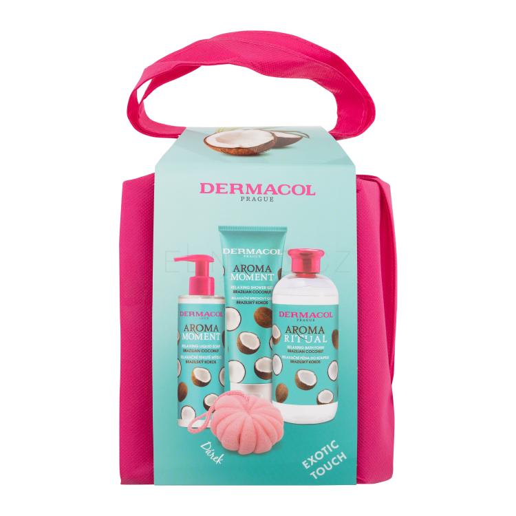 Dermacol Aroma Moment Brazilian Coconut Dárková kazeta sprchový gel Brazilian Coconut 250 ml + pěna do koupele Brazilian Coconut 500 ml + tekuté mýdlo Brazilian Coconut 250 ml + mycí houba + taška