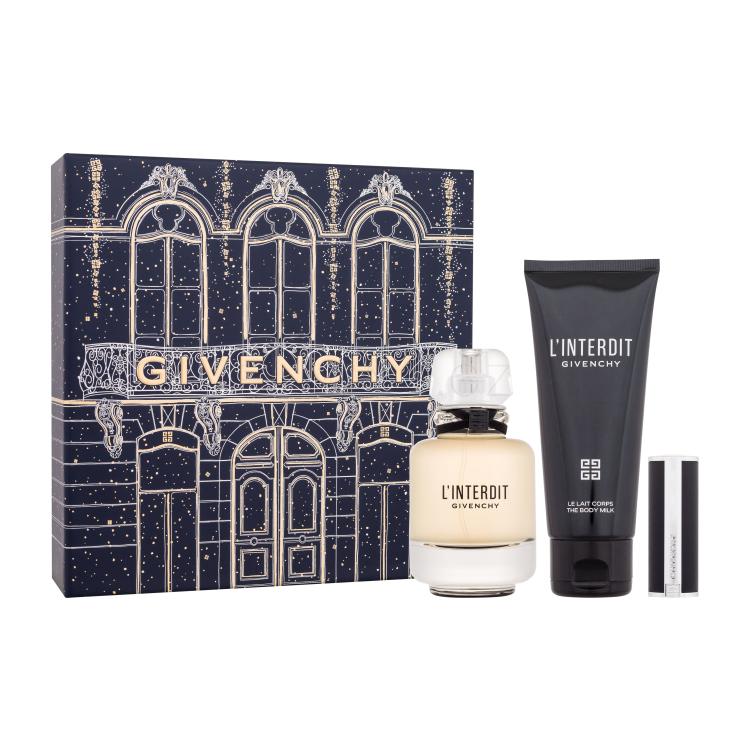 Givenchy L&#039;Interdit Dárková kazeta parfémovaná voda 50 ml + tělové mléko 75 ml + rtěnka Le Rouge Interdit Intense Silk 1,5 g 333