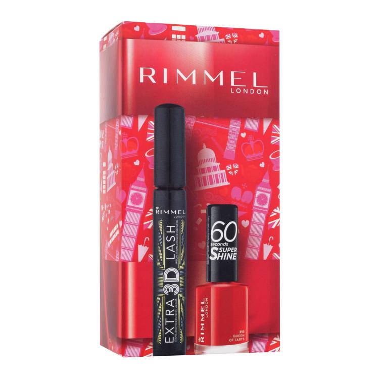 Rimmel London Extra 3D Lash Dárková kazeta řasenka Extra 3D Lash 8 ml 003 Extreme Black + lak na nehty 60 Seconds Super Shine 8 ml 315 Queen of Tarts poškozená krabička