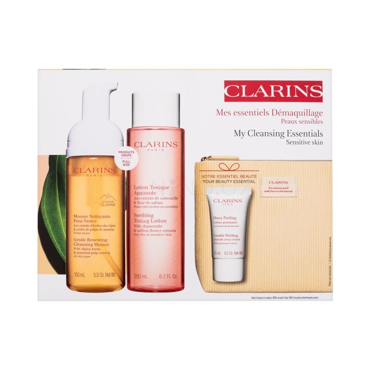 Clarins My Cleansing Essentials Sensitive Skin Dárková kazeta pleťová čisticí pěna Gentle Renewing Cleansing Mousse 150 ml + pleťové tonikum Soothing Toning Lotion 200 ml + pleťový peeling Gentle Peeling 15 ml + eko kosmetická taštička poškozená krabička