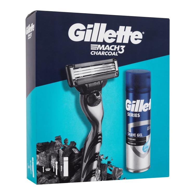 Gillette Mach3 Charcoal Dárková kazeta holicí strojek Mach3 Charcoal 1 ks + gel na holení Series Shave Gel Cleansing With Charcoal 200 ml