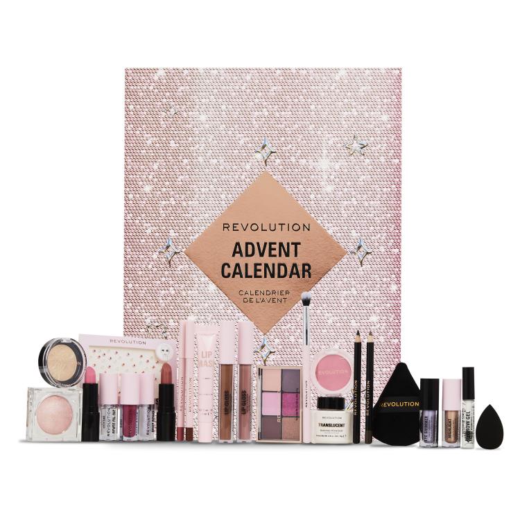 Makeup Revolution London Advent Calendar 2024 Dárková kazeta rtěnka 4 ks + lesk na rty 3 ks + tužka na rty 2 ks + maska na rty 1 ks + olej na rty 1 ks + štětec na oči 1 ks + mini paletka Reloaded 1 ks + tekuté stíny 1 ks + tvářenka 2 ks + tužka na oči 2 ks + gel na obočí 1 ks + rozjasňovač 2 ks + la