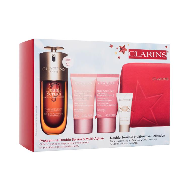 Clarins Double Serum &amp; Multi-Active Collection Dárková kazeta pleťové sérum Double Serum 50 ml + denní pleťový krém Multi-Active Jour 15 ml + noční pleťový krém Multi-Active Nuit 15 ml + podkladová báze pod make-up SOS Primer 5 ml + červená kosmetická taštička