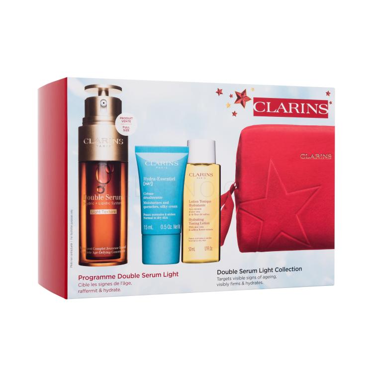 Clarins Double Serum Light Collection Dárková kazeta pleťové sérum Double Serum Light Texture 50 ml + pleťový krém Hydra-Essentiel Silky Cream 15 ml + pleťové tonikum Hydrating Toning Lotion 50 ml + červená kosmetická taštička