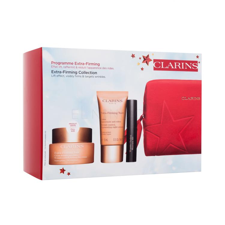 Clarins Extra-Firming Collection Dárková kazeta denní pleťový krém Extra-Firming Jour 50 ml + noční pleťový krém Extra-Firming Nuit 15 ml + řasenka Wonder Perfect Mascara 4D 3 ml 01 Perfect Black + pleťové sérum Double Serum 0,9 ml + červená kosmetická taštička