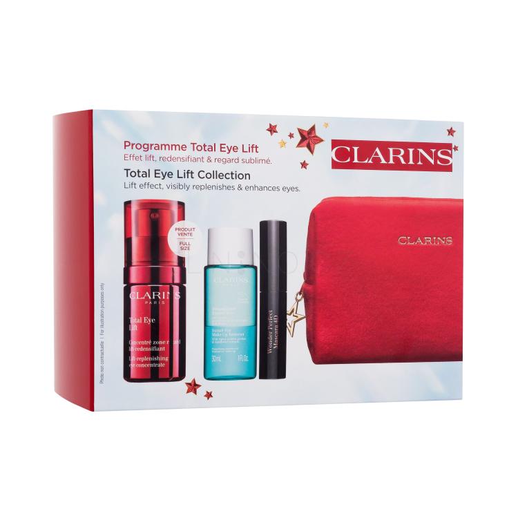 Clarins Total Eye Lift Collection Dárková kazeta oční krém Total Eye Lift 15 ml + odličovač očí Instant Eye Make-Up Remover 30 ml + řasenka Wonder Perfect Mascara 4D 3 ml 01 Perfect Black + červená kosmetická taštička