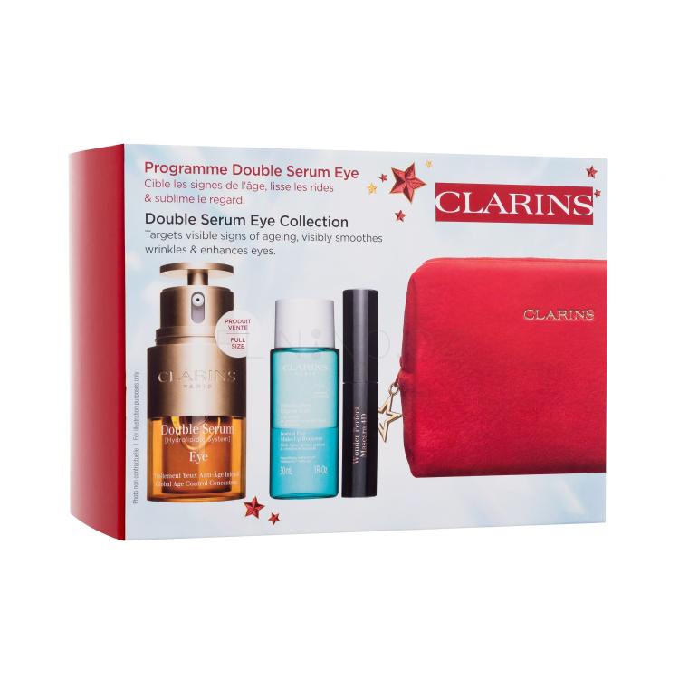 Clarins Double Serum Eye Collection Dárková kazeta oční sérum Double Serum Eye 20 ml + odličovač očí Instant Eye Make-Up Remover 30 ml + řasenka Wonder Perfect Mascara 4D 3 ml 01 Perfect Black + červená kosmetická taštička