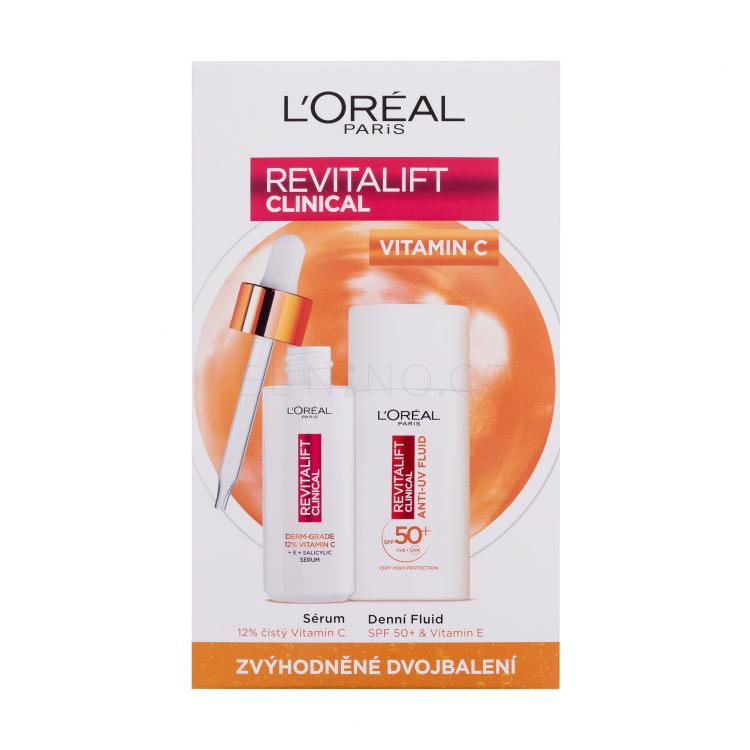 L&#039;Oréal Paris Revitalift Clinical Pure 12% Vitamin C Dárková kazeta pleťové sérum Revitalift Clinical Vitamin C Serum 30 ml + denní pleťový krém Revitalift Clinical Vitamin C Anti-UV Fluid SPF50 50 ml poškozená krabička