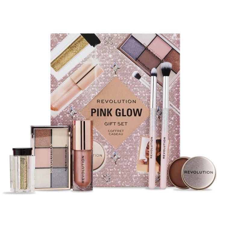 Makeup Revolution London Pink Glow Gift Set Dárková kazeta paletka očních stínů Mini Reloaded Palette 4,2 g + lesk na rty Shimmer Bomb 4,5 ml Glimmer Nude + třpytky Viva Loose Body Glitter 3 g Partaay Gold + multifunkční balzám na tváře, oči i rty Balm Glow 8,2 g Natural Nude + kosmetický štětec 2 k